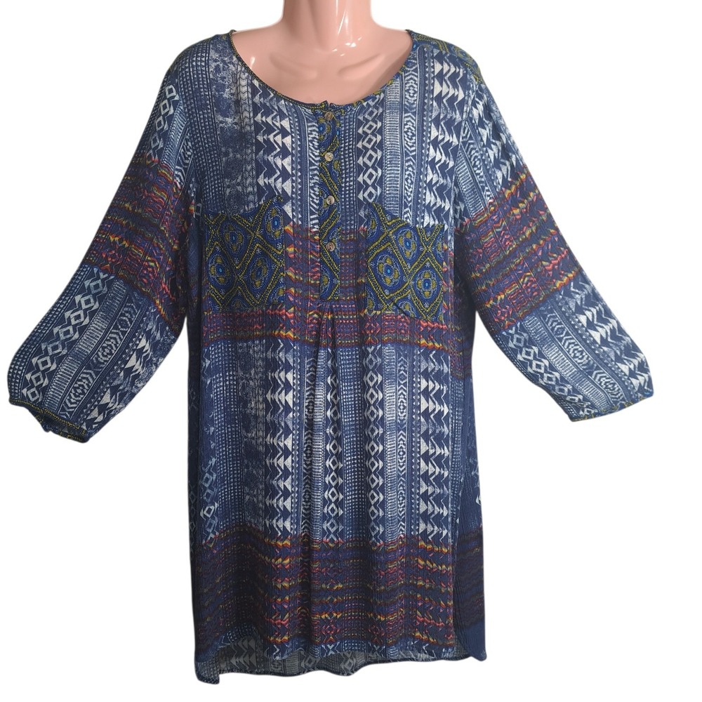 Fig And Flower Womens Tunic 3/4 Sleeve Hi Low Hem 1/4 Button Boho Cottagecore XL
